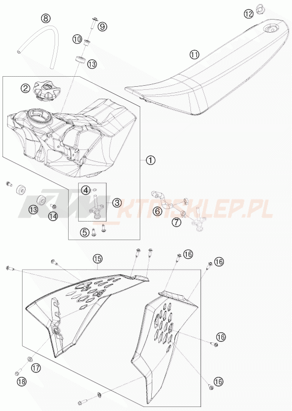 Schemat "zbiornik paliwa, siedzenie, pokrowiec" do KTM 65 SX