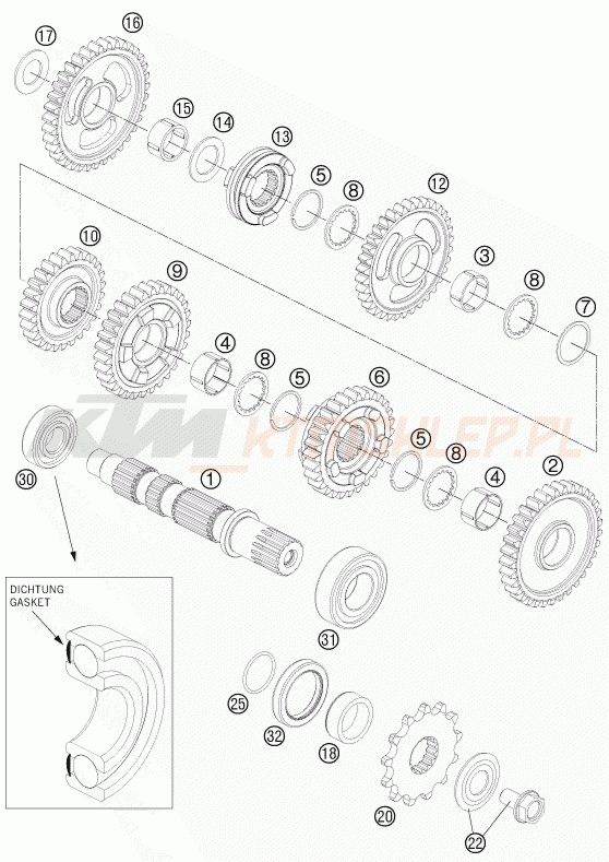 Schemat "skrzynia biegów - wałek zdawczy" do KTM 525 XC ATV