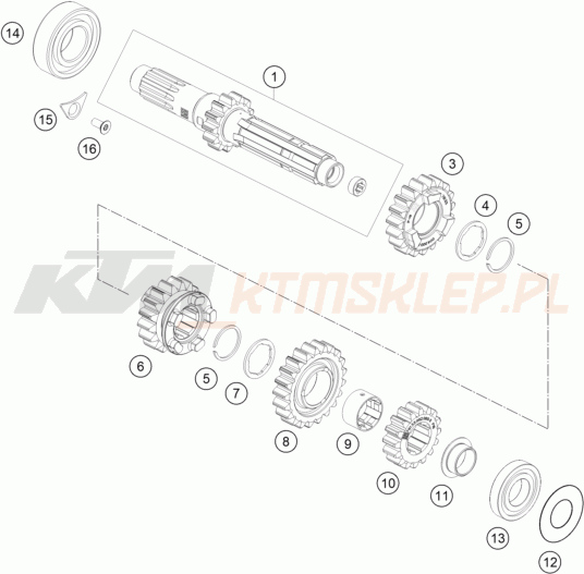 Schemat "TRANSMISSION I - MAIN SHAFT" do KTM 250 SX-F