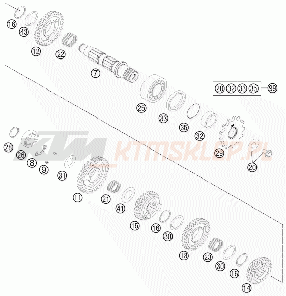 Schemat "skrzynia biegów - wałek zdawczy" do KTM 350 SX-F