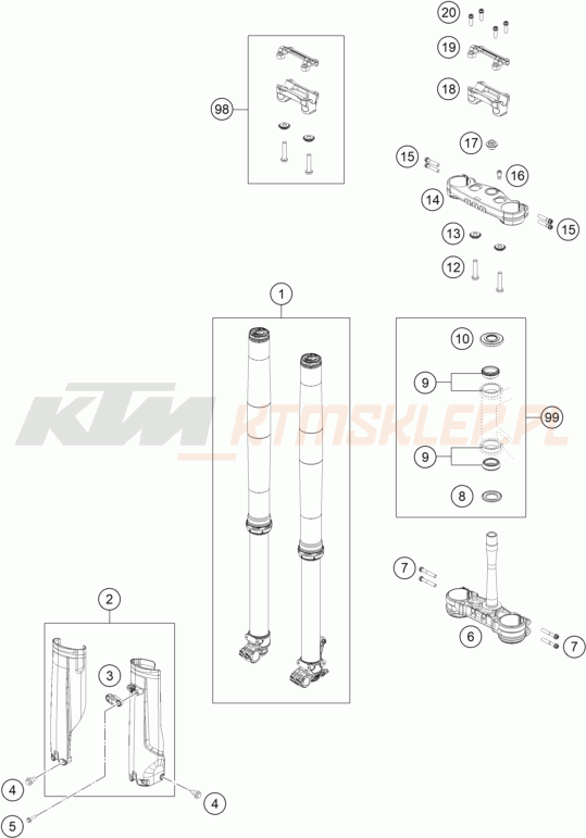 Schemat "przód amortyzatory, półki zawieszenia" do KTM 150 XC-W