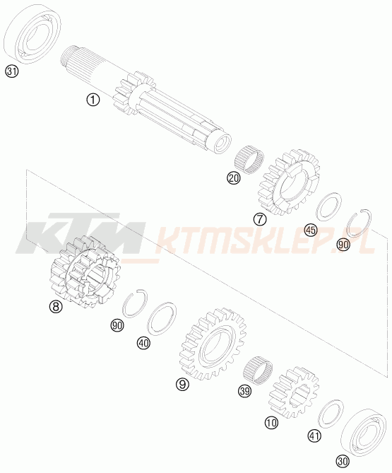 Schemat "TRANSMISSION I - MAIN SHAFT" do KTM 250 SX-F