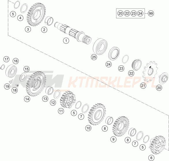 Schemat "skrzynia biegów - wałek zdawczy" do KTM 250 XC-F