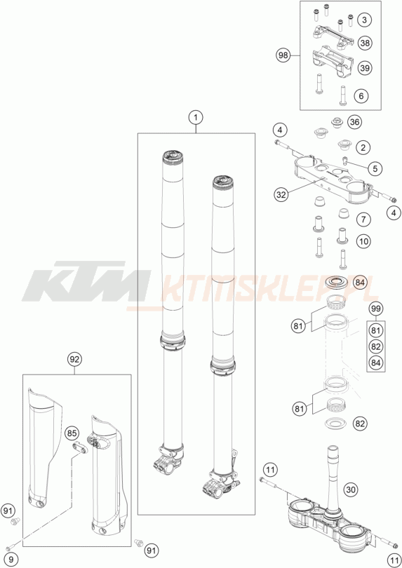 Schemat "przód amortyzatory, półki zawieszenia" do KTM 300 XC