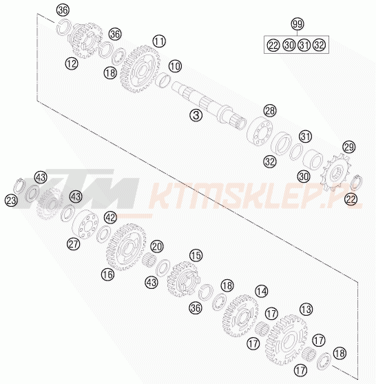 Schemat "skrzynia biegów - wałek zdawczy" do KTM 85 SXS 19/16