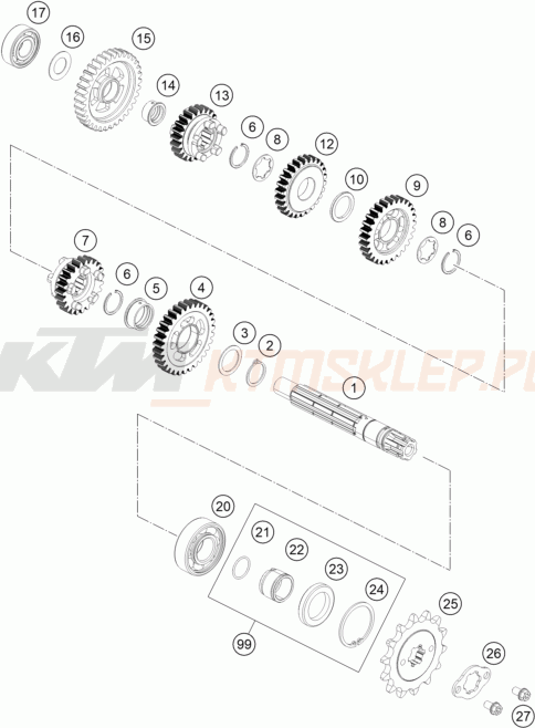 Schemat "skrzynia biegów - wałek zdawczy" do KTM RC 125 WHITE / ABS