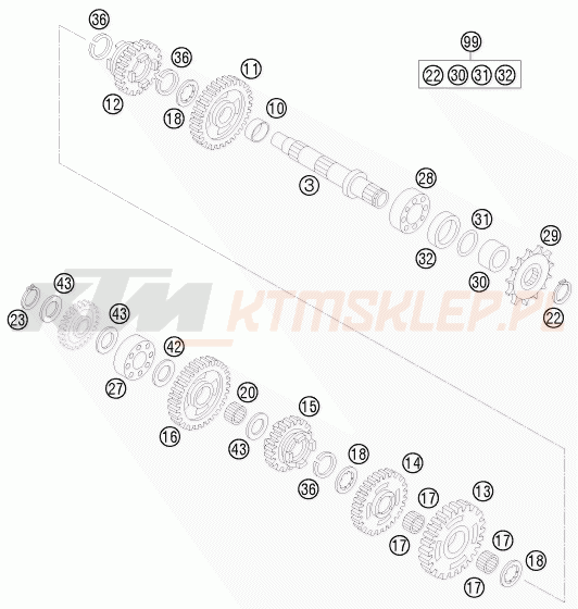 Schemat "skrzynia biegów - wałek zdawczy" do KTM 85 SX 19/16