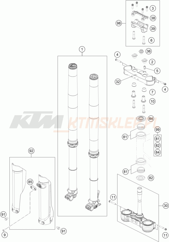Schemat "przód amortyzatory, półki zawieszenia" do KTM 125 SX